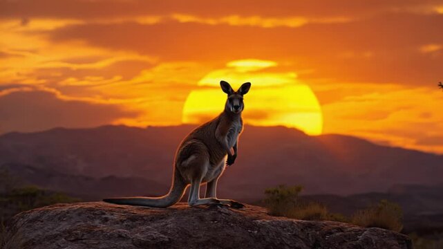 Kangaroo standing on rock at sunset in Australian outback landscape