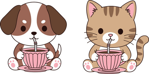 Adorable cartoon puppy dog and tabby kitten cat illustration, sitting while sipping a warm beverage from a pink teacup, representing friendship and cozy drinks. © World_Of_Vector