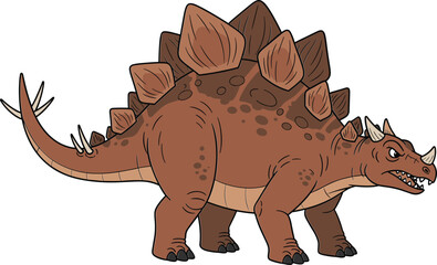 Angry armored cartoon Stegosaurus dinosaur with distinctive plates and tail spikes, representing prehistoric life, herbivore defense, and reptile power © Bablu
