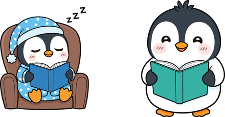 Obraz premium Cute cartoon penguin set reading a book, one sleeping in an armchair with pajamas, symbolizing relaxation, bedtime stories, education, and cozy learning.