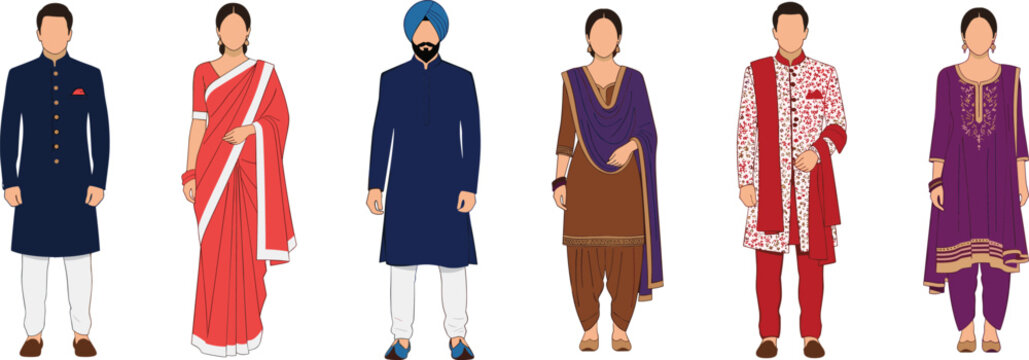 Collection of Indian people wearing varied traditional garments, including Saree, Kurta Pajama, and Salwar Kameez, representing rich cultural heritage and fashion diversity.