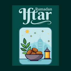 Ramadan iftar illustration featuring dates, a traditional lantern, and mosque silhouettes