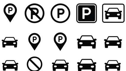 A collection of black and white parking icons on a clean white background