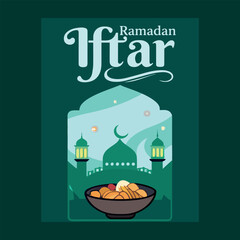 Ramadan iftar celebration with mosque silhouette and traditional breaking fast meal