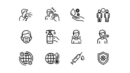 A collection of black and white icons depicting COVID-19 safety measures and precautions