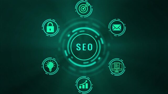 Digital marketing concept with glowing neon green for SEO search engine optimization analytics and idea generation on a dark teal background with subtle light effects and circular futuristic HU