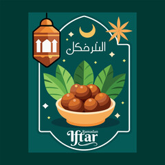 Vibrant illustration of ramadan iftar featuring dates, traditional lantern, and crescent moon
