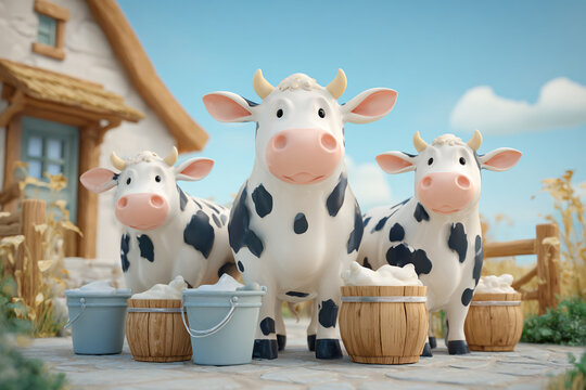 Image of several cute cartoon cows with milk buckets