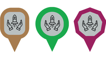 A set of colorful icons featuring rockets and hands on a white background