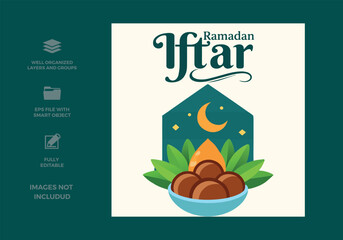 Ramadan iftar celebration design with dates, crescent moon, and mosque silhouette