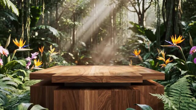 Empty Wooden Podium Display Surrounded By Lush Jungle Foliage And Tropical Flowers With Sunbeams
