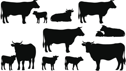 A collection of black cow silhouettes on a white background