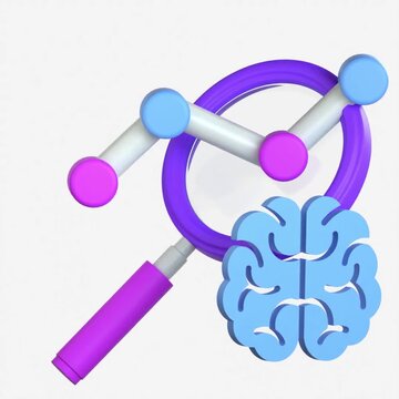 A high quality 3D illustration featuring a magnifying glass focusing on a human brain and data charts representing artificial intelligence behavior analytics