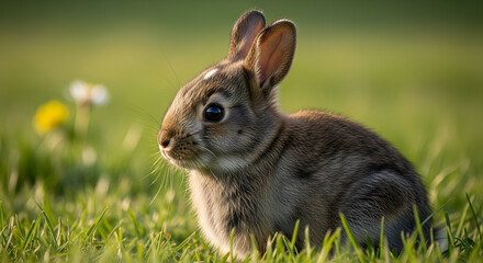 Fototapeta premium small rabbit sitting in green grass with wildflowers in background, cute furry bunny in nature