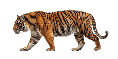 Obraz premium Tiger walking profile view isolated on a transparent background 1