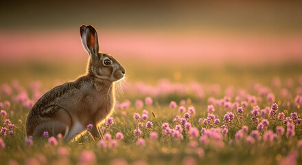 serene rabbit in pink flower meadow at sunrise with soft warm light