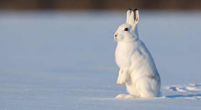 white arctic hare standing on hind legs in snowy landscape, alert and looking sideways with ears perked up