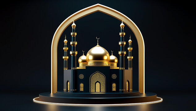 Luxury 3D Golden Mosque Illustration with Elegant Arch Frame on Dark Background for Islamic Celebration and Branding