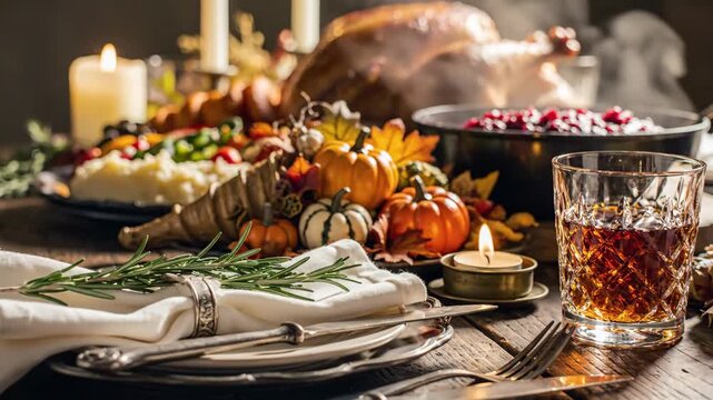 Warm Thanksgiving Dinner Table Setting With Roasted Turkey And Autumn Decorations Cozy Ambiance