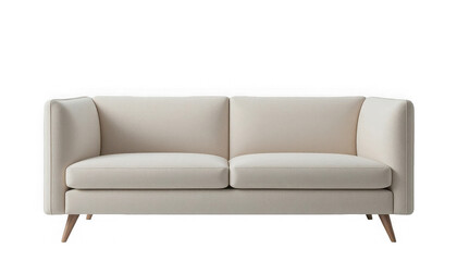 Fototapeta premium Elegant cream two-seater contemporary sofa with rounded arms and light wooden tapered legs on transparent background