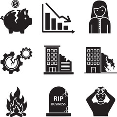Black and white business failure piggy bank broken graph