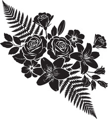 Black and white floral arrangement with roses and ferns flowers