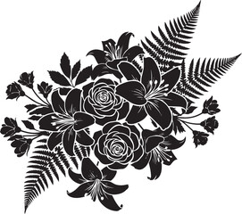 Black and white floral arrangement with roses lilies and ferns flowers 1