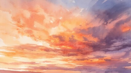 Fototapeta premium Dreamy watercolor painting of a colorful sunset sky.