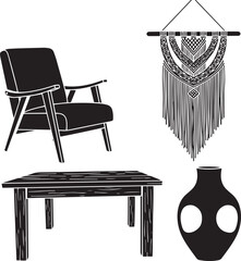 Black and white of chair table vase macrame wall hanging