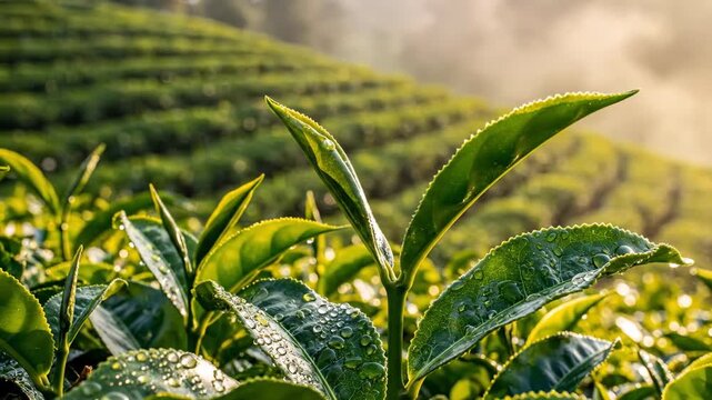 Vibrant Green Tea Leaves with Morning Sunlight and Dew Drops on a Rolling Hill Plantation