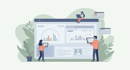 Team working on data analysis and business strategy using digital tools.