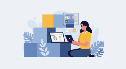 Naklejka premium Woman working on laptop and tablet focused on her tasks and projects.