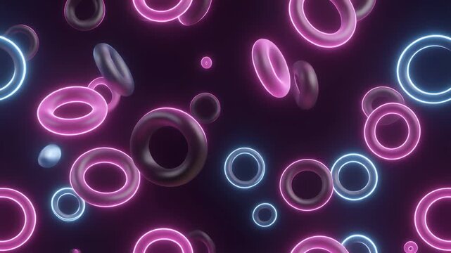 Abstract art of floating, glowing torus shapes
