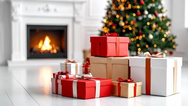 Decorated Christmas gifts are stacked near a cozy fireplace, with blurred background bokeh.