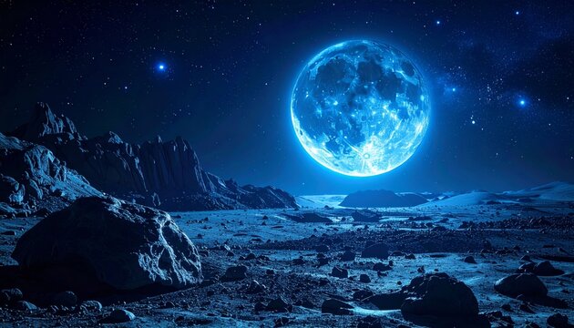 A three-dimensional illustration of a planetary surface against a blue space background with stars