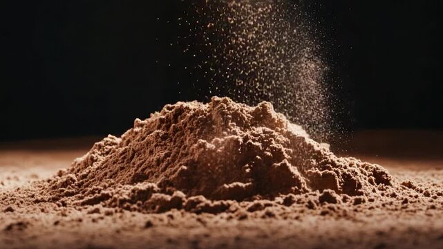Brown powder falls on a small pile, with particles visible against a dark background, in close-up