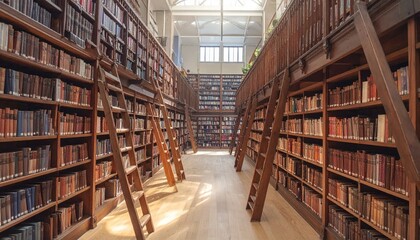 Obraz premium Library Interior with Rows of Books and Wooden Ladders.