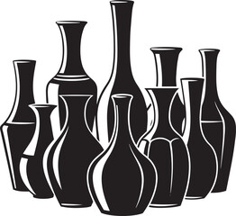 Black and white of eight vases in various shapes and sizes silhouettes bottles