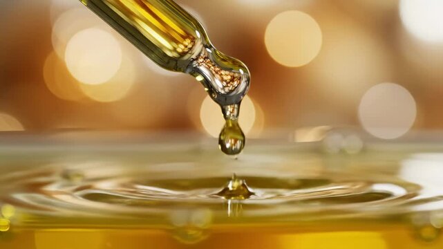 Golden Liquid Dropping From Pipette Into Clear Liquid With Soft Bokeh Background and Bubbles