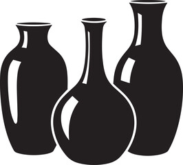 Three black vases with white highlights on a white background silhouette shiny