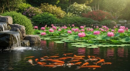 Vibrant pink lotus blossoms float above orange fish swimming in a serene garden water feature with a small cascading waterfall.