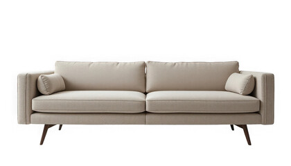 Fototapeta premium Elegant modern beige fabric sofa featuring clean lines and complementary bolster cushions presented in a realistic isolation on transparent background