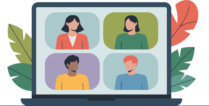 Video conference on laptop screen featuring four diverse people in grid layout flat vector illustration of remote team meeting or online group discussion surrounded by decorative foliage
