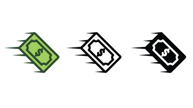 Three speeding dollar bill icons in green, black and white colors