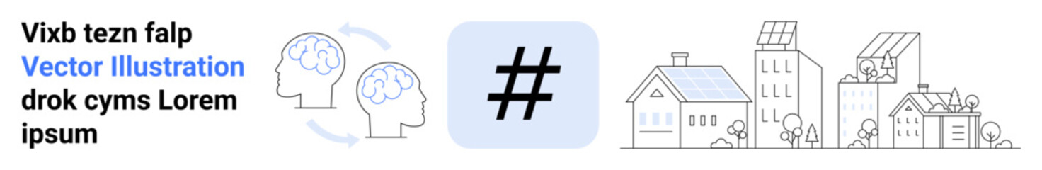Obraz premium Outline of two human brains with arrows, a bold metadata tag, and minimalistic houses with solar panels. Ideal for sustainability, collaboration, social media, innovation, smart living, future
