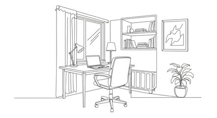 Sketch of a modern home office interior with desk and chair.