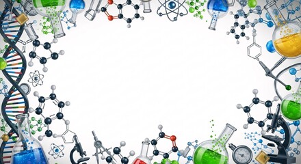 Obraz premium Scientific laboratory equipment border illustration with DNA molecule and various molecular structures