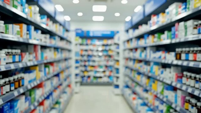 Aisle View Of A Pharmacy With Shelves Stocked With Medicine And Health Products