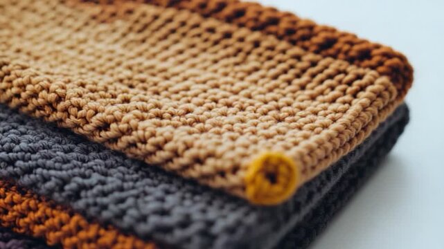Close-up of folded handmade fabric in various colors beige, grey, orange, and purple