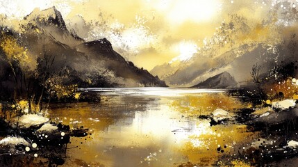 Golden hues of a mountain lake scene.